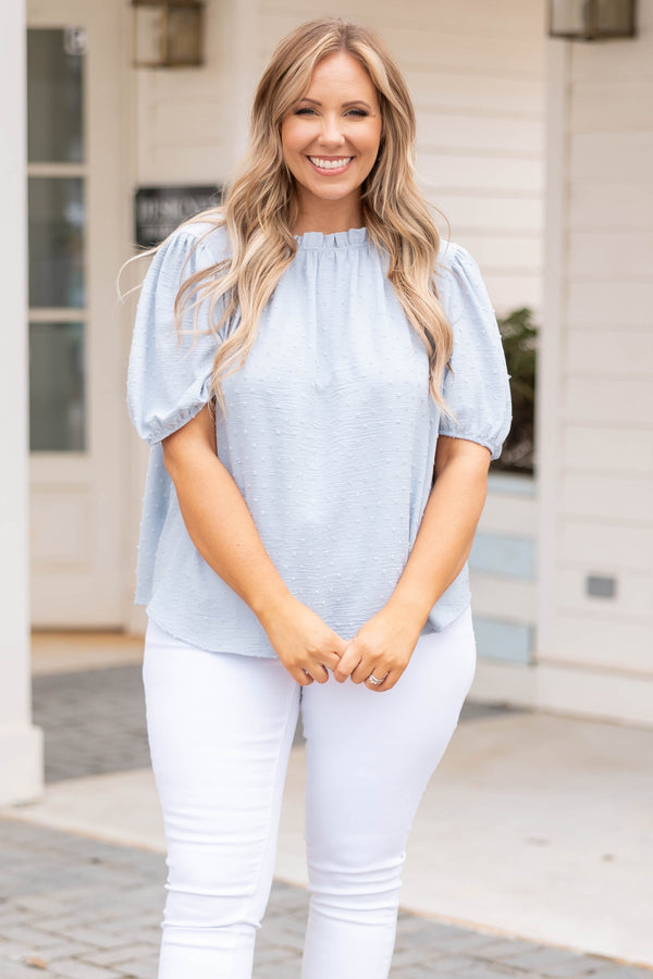 Chic Soul plus size clothing, blue swiss dotted top with ruffled neckline and bubble sleeves