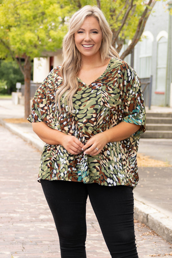 Chic Soul plus size clothing, olive and multi colored short sleeve top