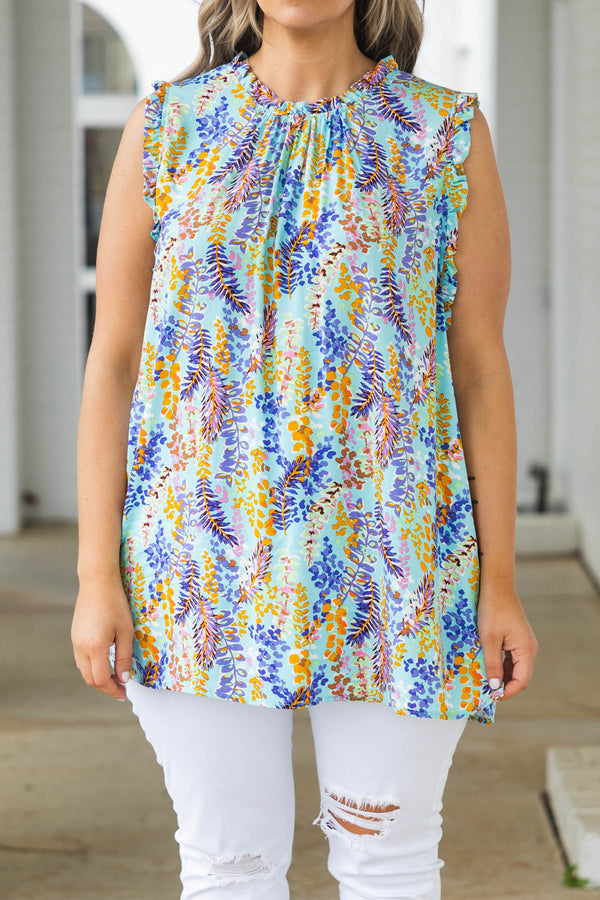 Chic Soul plus size clothing, aqua mint flowy top with multicolor leaf pattern and flutter sleeves