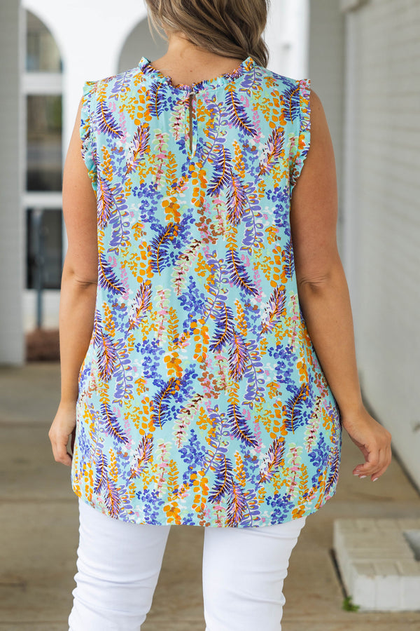 Chic Soul plus size clothing, aqua mint flowy top with multicolor leaf pattern and flutter sleeves