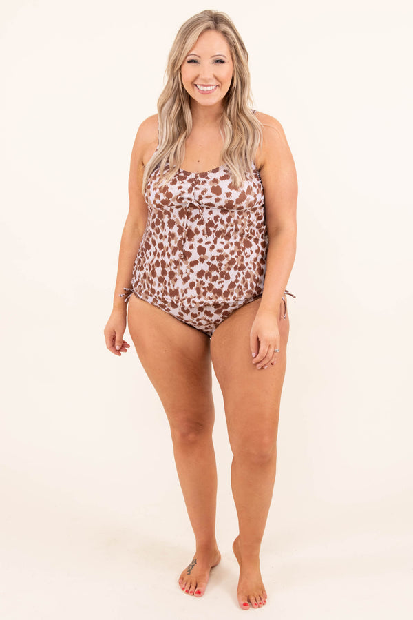 Chic Soul plus size clothing, white brown and beige leopard print tankini swim top