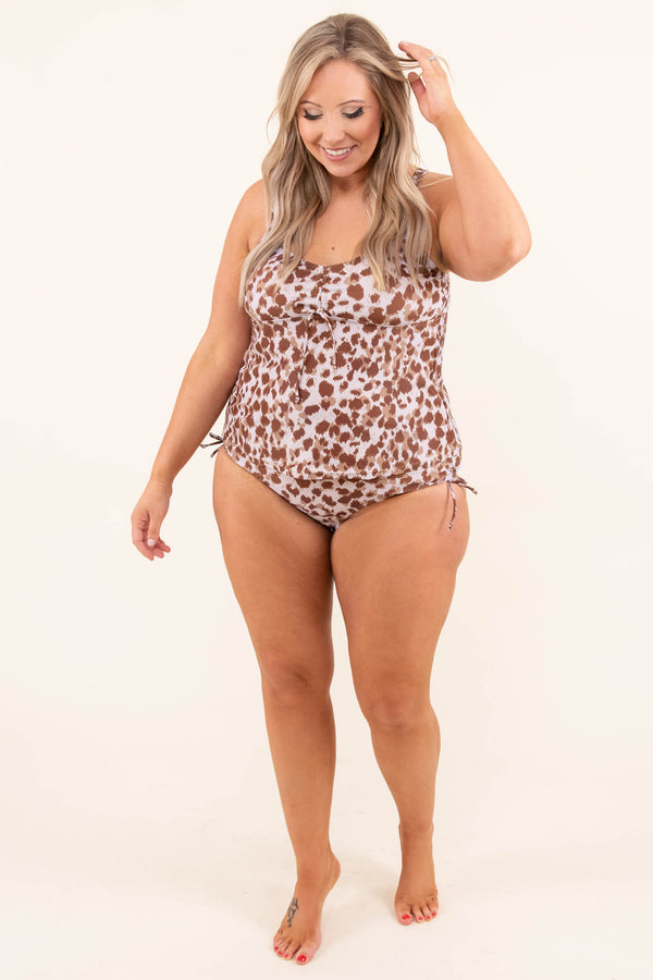 Chic Soul plus size clothing, white brown and beige leopard print tankini swim top