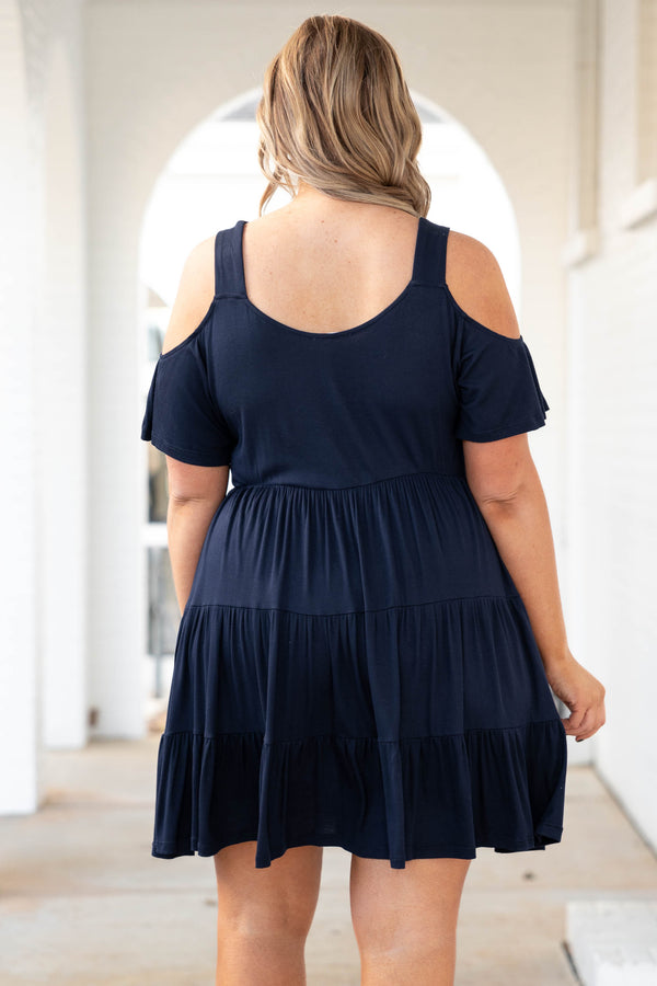 Chic Soul plus size clothing, navy tiered dress with cold shoulder sleeves