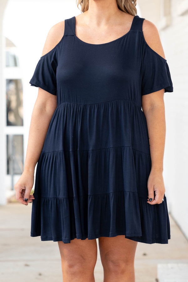 Chic Soul plus size clothing, navy tiered dress with cold shoulder sleeves