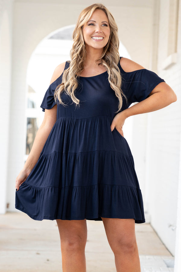 Chic Soul plus size clothing, navy tiered dress with cold shoulder sleeves