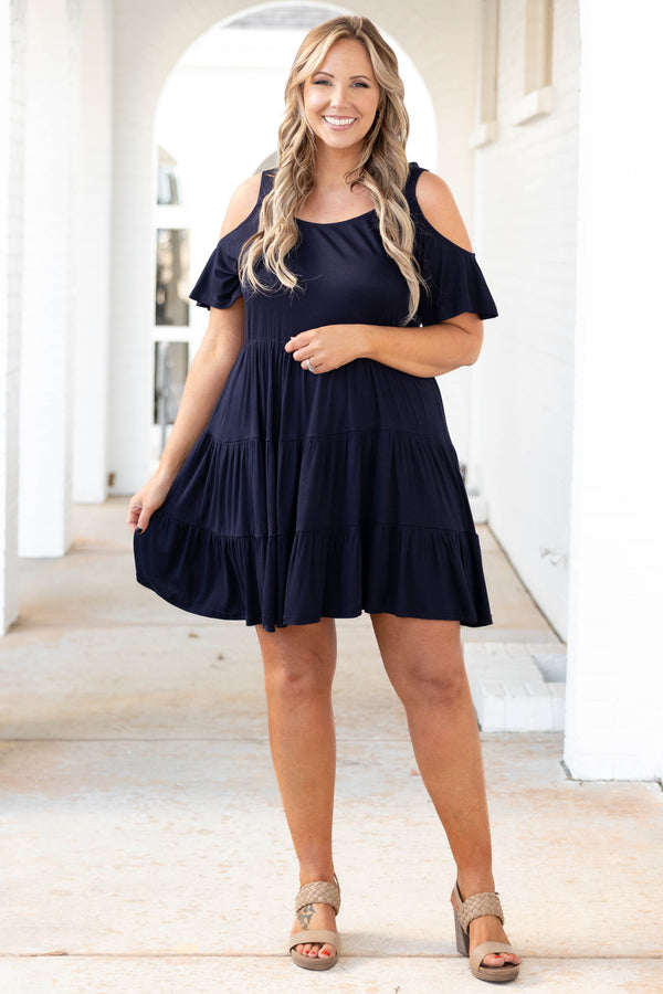 Chic Soul plus size clothing, navy tiered dress with cold shoulder sleeves