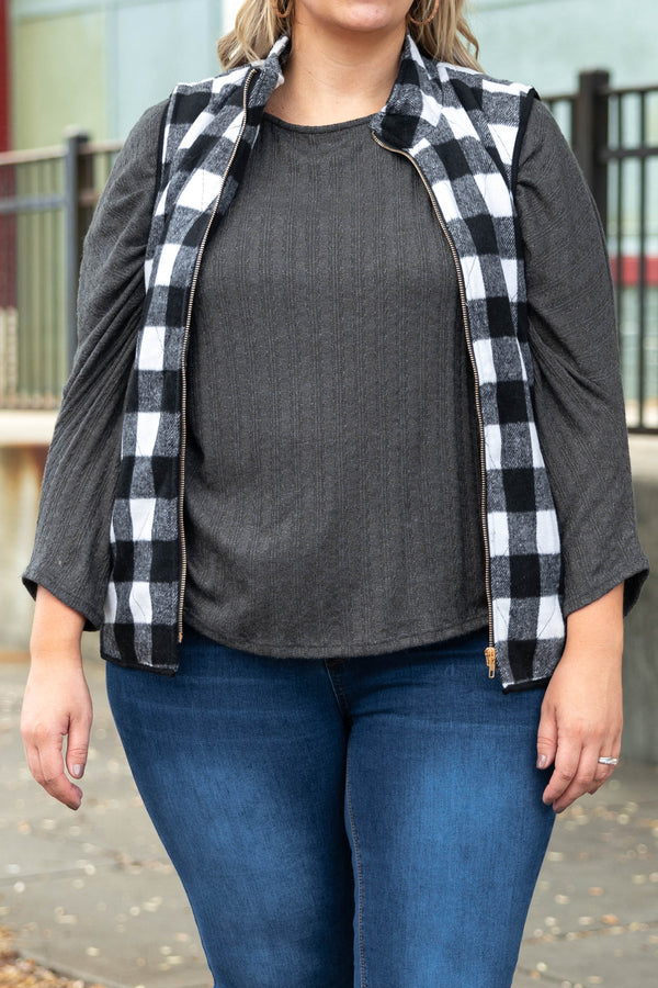 Chic Soul plus size clothing, black and ivroy flannel vest
