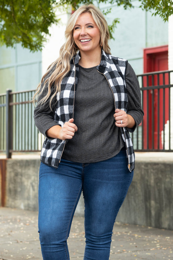 Chic Soul plus size clothing, black and ivroy flannel vest