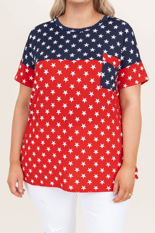 Chic soul plus size clothing, color block red and blue top with white stars