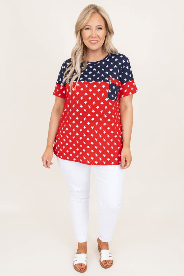 Chic soul plus size clothing, color block red and blue top with white stars
