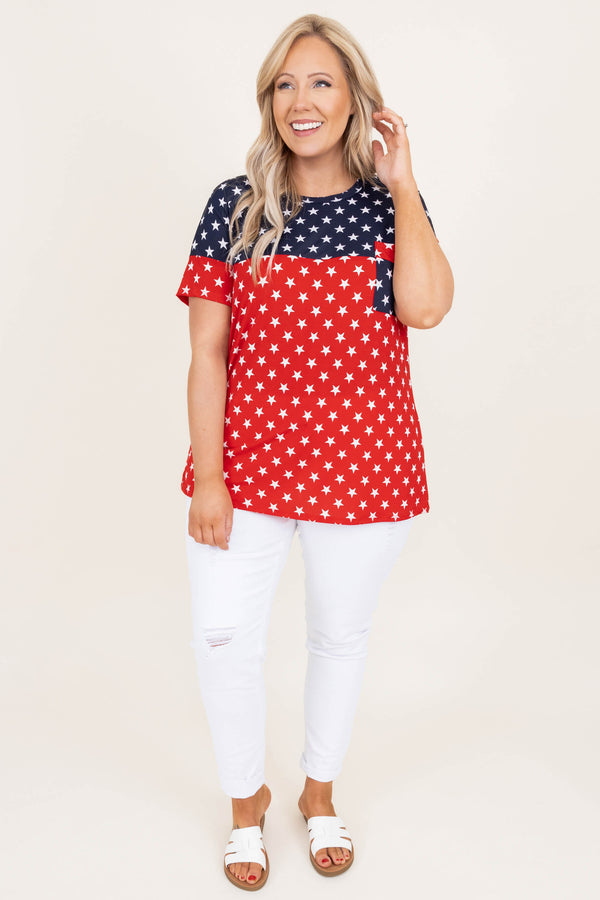 Chic soul plus size clothing, color block red and blue top with white stars