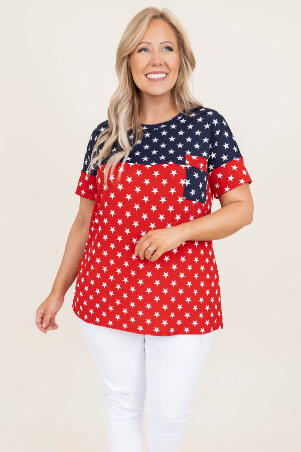 Chic soul plus size clothing, color block red and blue top with white stars