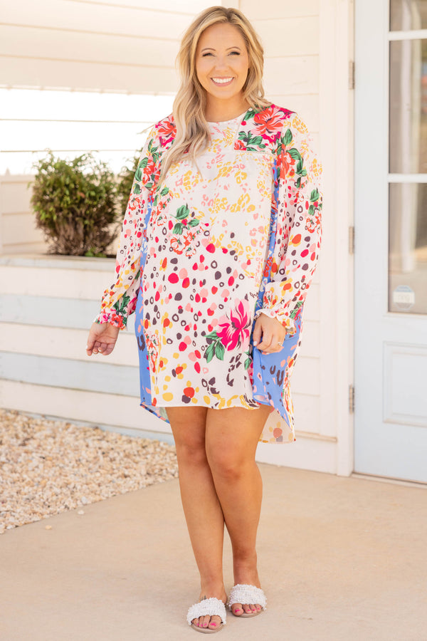 Chic Soul plus size clothing, multi colored multi patterned summertime long sleeve dress