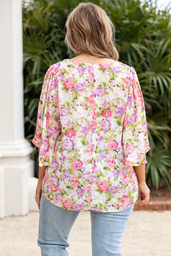 Chic Soul plus size clothing, ivory multicolor floral top with flowy sleeves