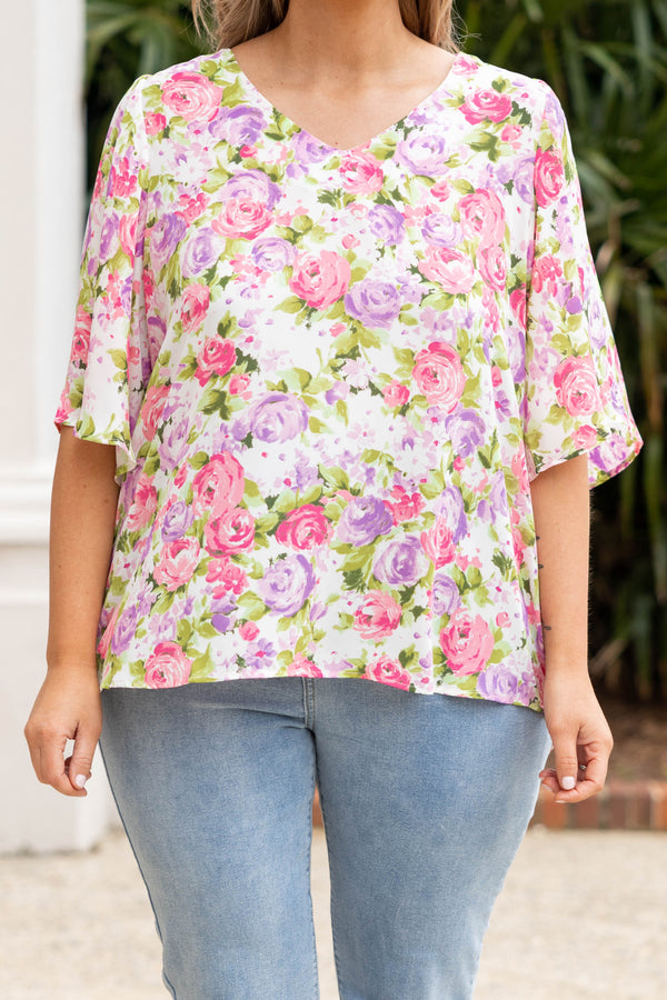 Chic Soul plus size clothing, ivory multicolor floral top with flowy sleeves