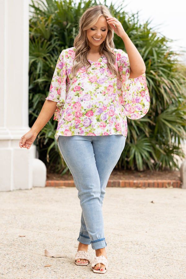 Chic Soul plus size clothing, ivory multicolor floral top with flowy sleeves