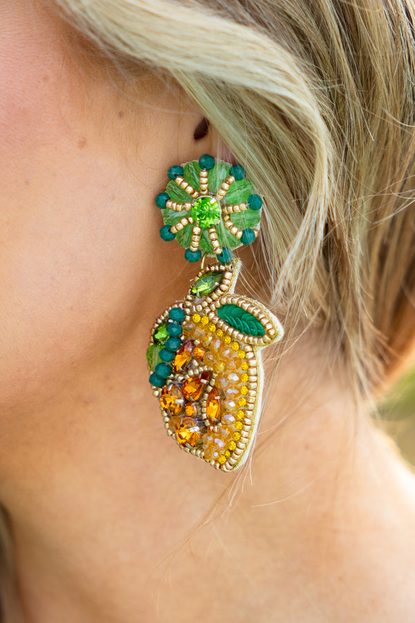 Chic Soul plus size clothing, lemon shaped beaded dangle earrings
