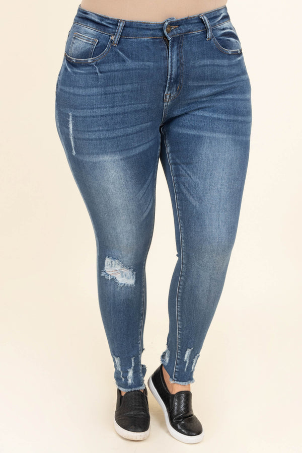 Chic Soul plus size clothing, medium wash distressed skinny jeans