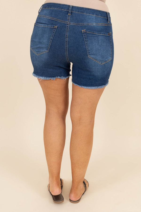 Chic Soul plus size clothing, dark blue distressed denim shorts with frayed hemline