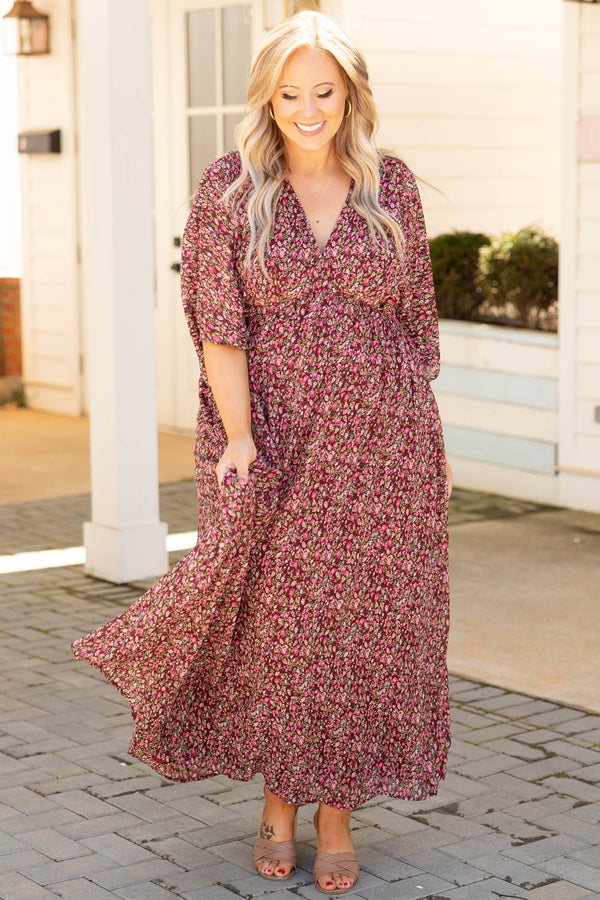 Chic Soul plus size clothing, burgundy floral v neck half sleeve casual maxi dress