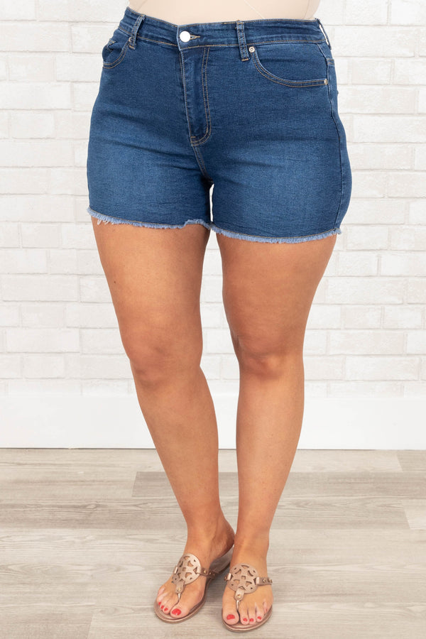 Chic Soul plus size clothing, medium wash denim shorts with frayed hemline