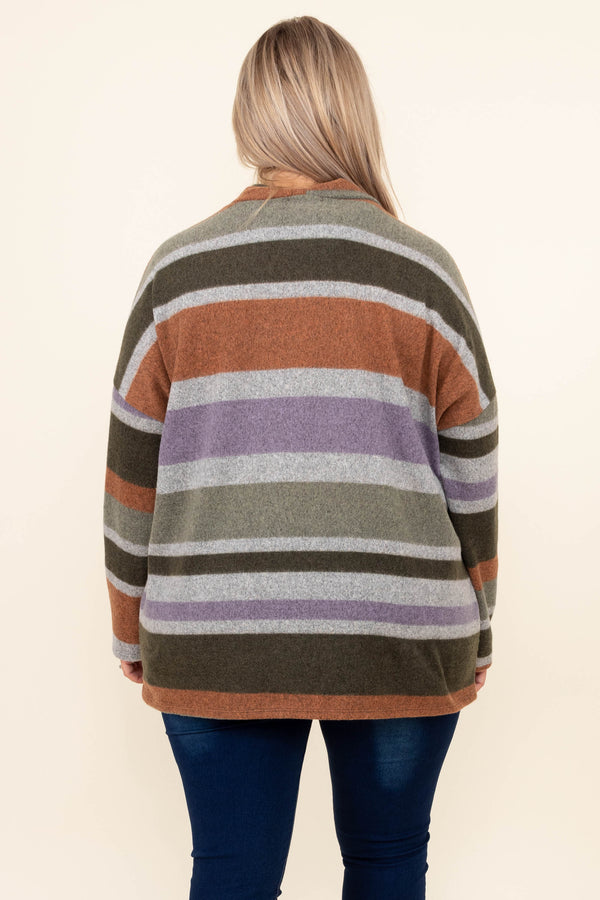 Chic Soul plus size clothing, olive and multi colored striped turtle neck