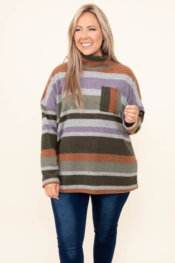 Chic Soul plus size clothing, olive and multi colored striped turtle neck