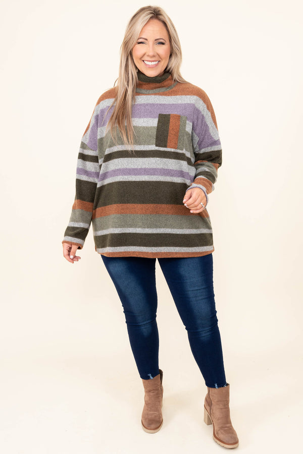 Chic Soul plus size clothing, olive and multi colored striped turtle neck