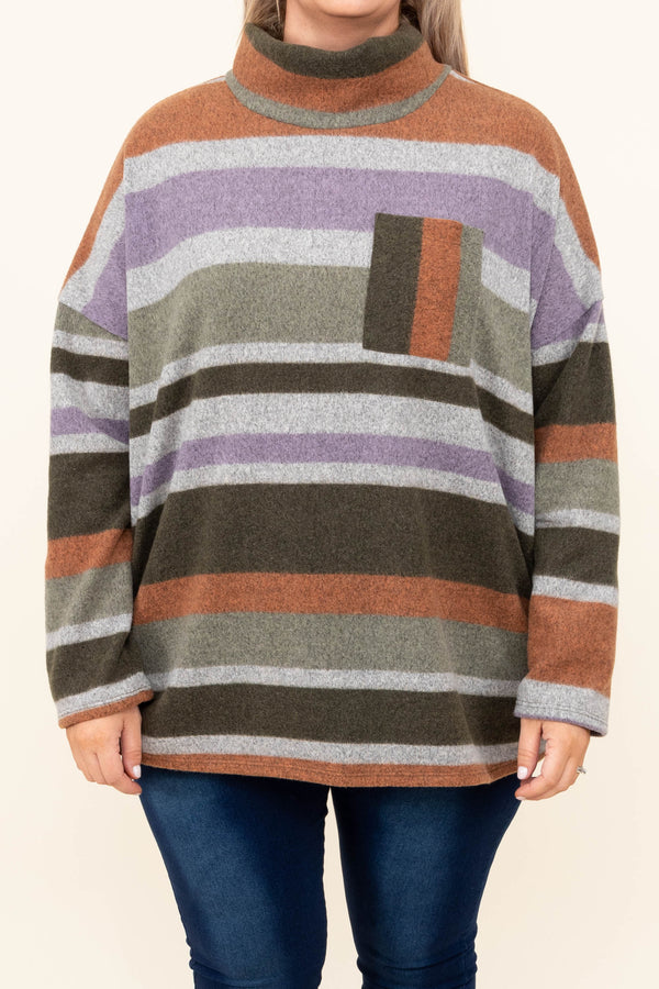 Chic Soul plus size clothing, olive and multi colored striped turtle neck