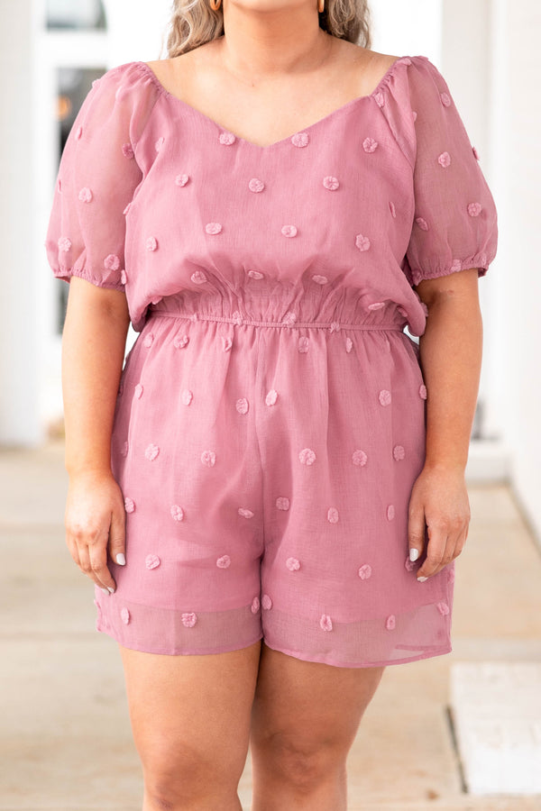 Chic Soul plus size clothing, mauve swiss dotted romper with puff sleeves