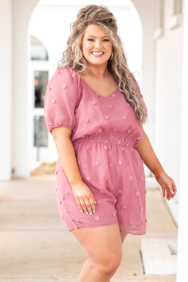 Chic Soul plus size clothing, mauve swiss dotted romper with puff sleeves