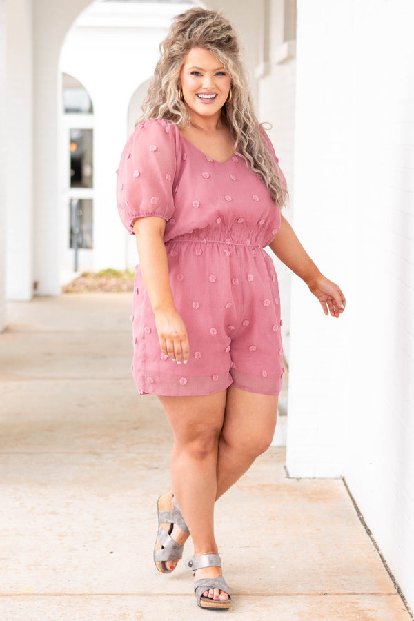 Chic Soul plus size clothing, mauve swiss dotted romper with puff sleeves