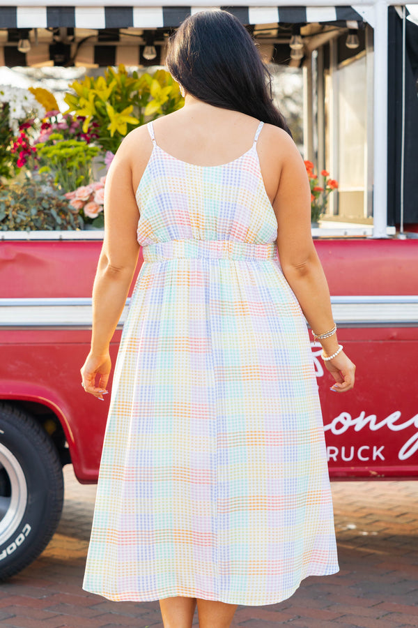 Chic Soul plus size clothing, multicolor plaid midi dress with bow tie neckline