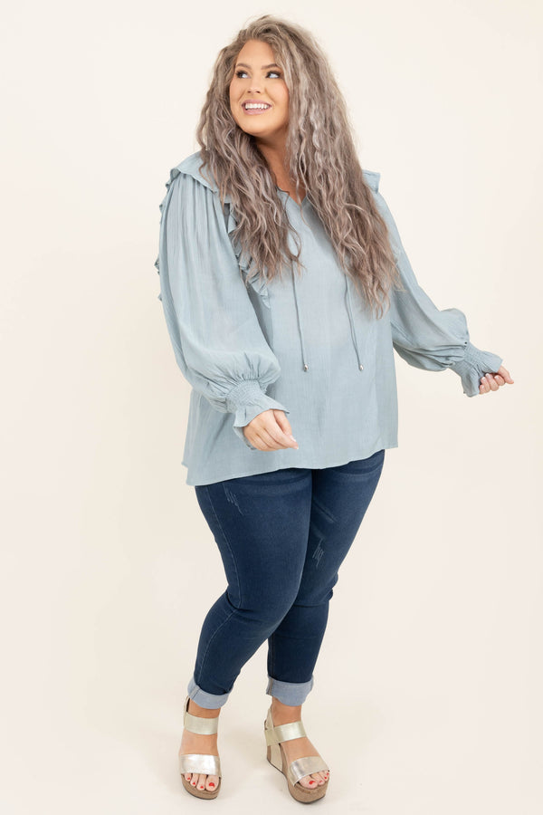 Chic Soul plus size clothing, dusty blue v neck long bubble sleeve casual top