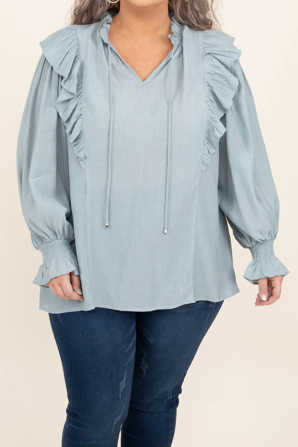 Chic Soul plus size clothing, dusty blue v neck long bubble sleeve casual top