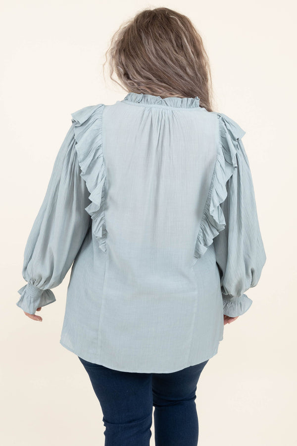 Chic Soul plus size clothing, dusty blue v neck long bubble sleeve casual top