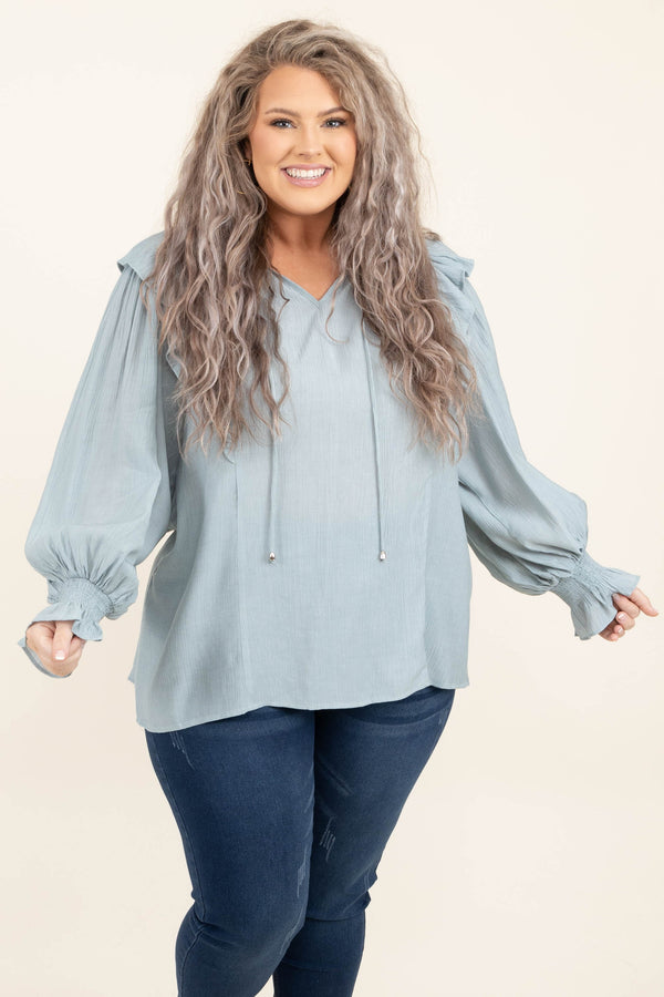 Chic Soul plus size clothing, dusty blue v neck long bubble sleeve casual top