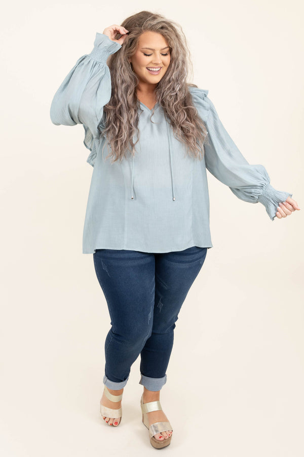 Chic Soul plus size clothing, dusty blue v neck long bubble sleeve casual top