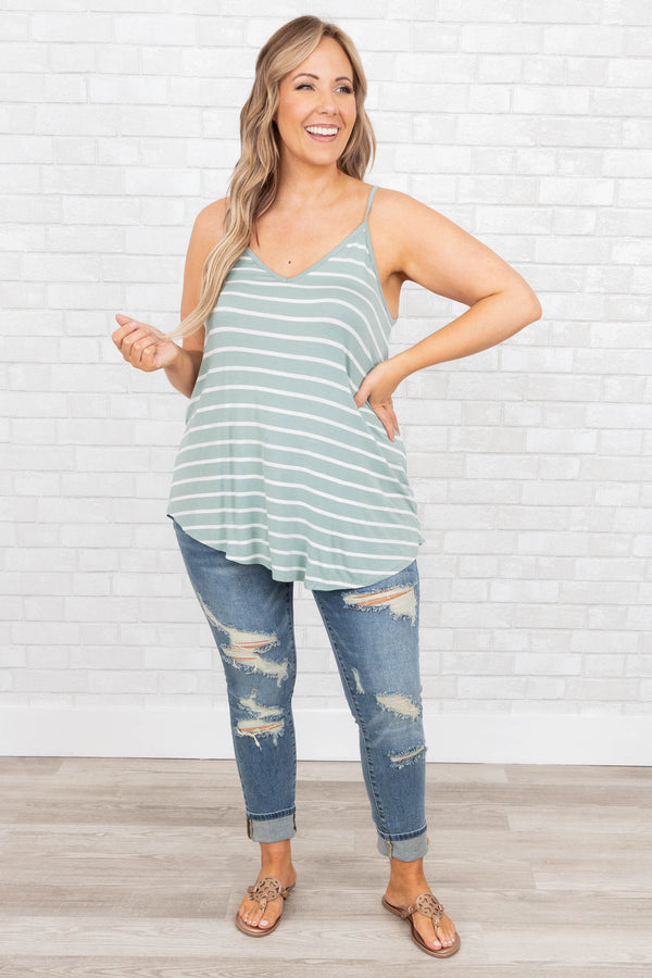 Chic Soul plus size clothing, dusty green striped flowy tank