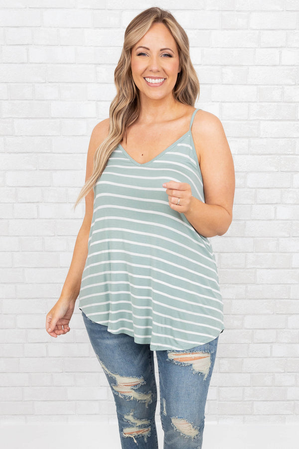 Chic Soul plus size clothing, dusty green striped flowy tank