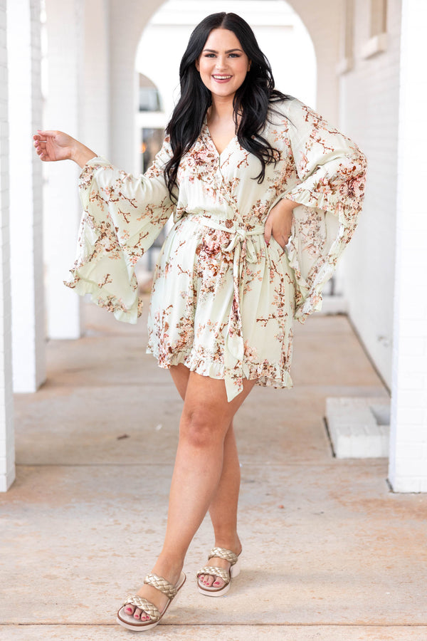 Chic Soul plus size clothing, light green romper with neutral colored florals