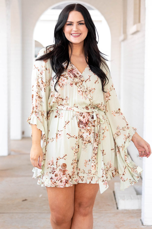 Chic Soul plus size clothing, light green romper with neutral colored florals