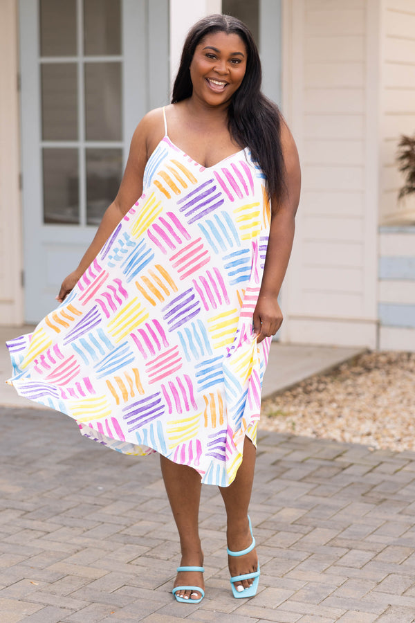 Chic Soul plus size clothing, ivory spaghetti strap dress with multicolor abstract design