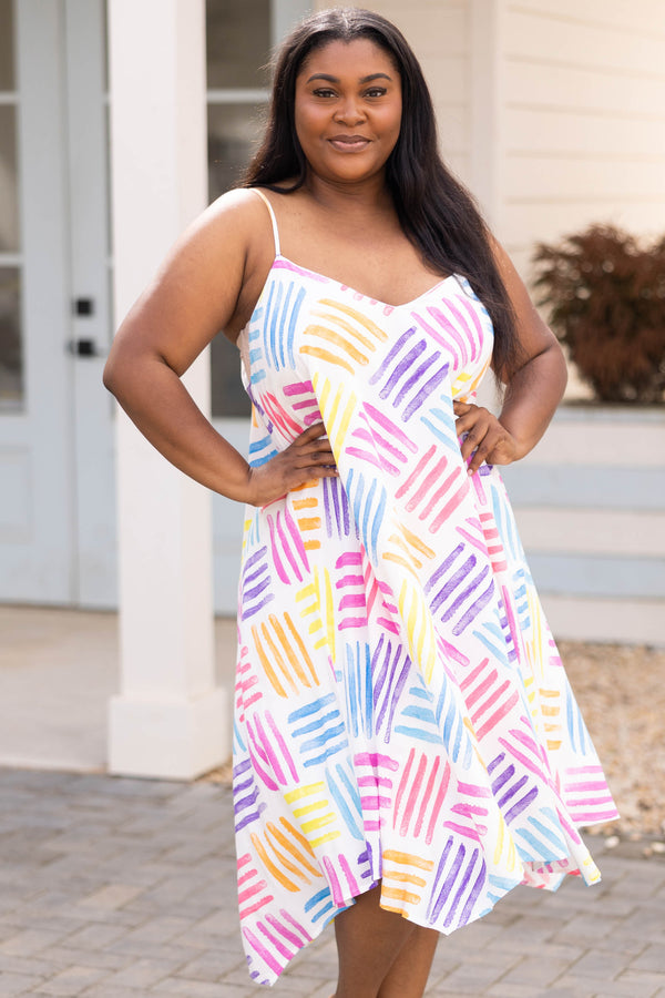 Chic Soul plus size clothing, ivory spaghetti strap dress with multicolor abstract design