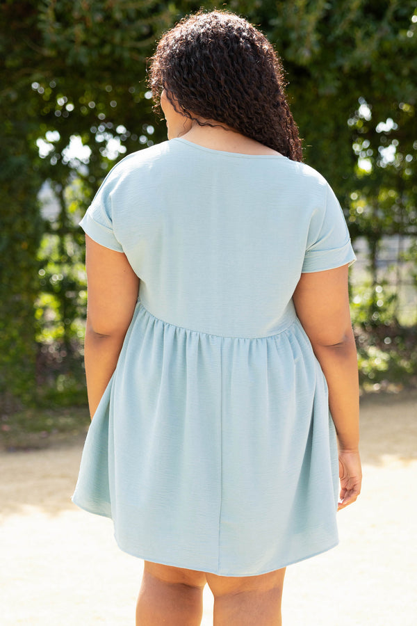 Chic Soul plus size clothing, aloe blue green v neck short sleeve casual babydoll dress