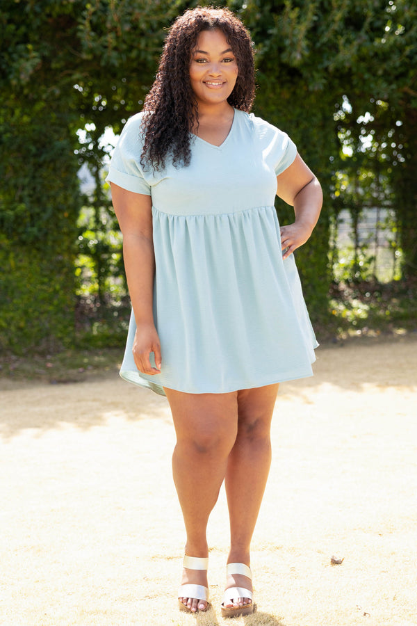 Chic Soul plus size clothing, aloe blue green v neck short sleeve casual babydoll dress