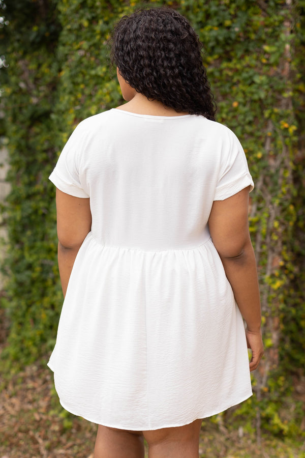 Chic Soul plus size clothing, off white v neck short sleeve babydoll dress