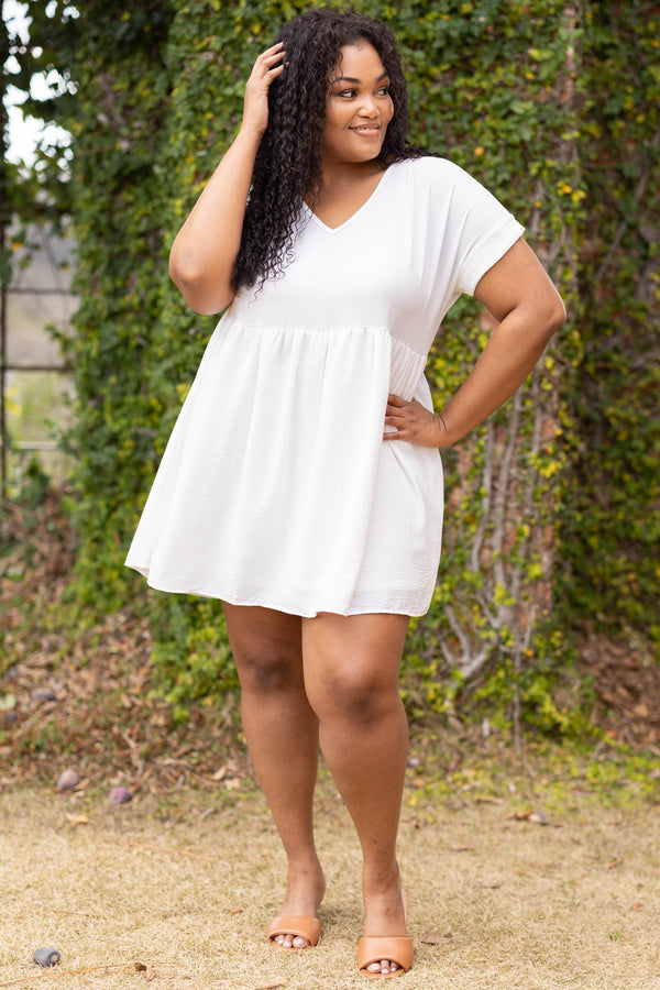 Chic Soul plus size clothing, off white v neck short sleeve babydoll dress