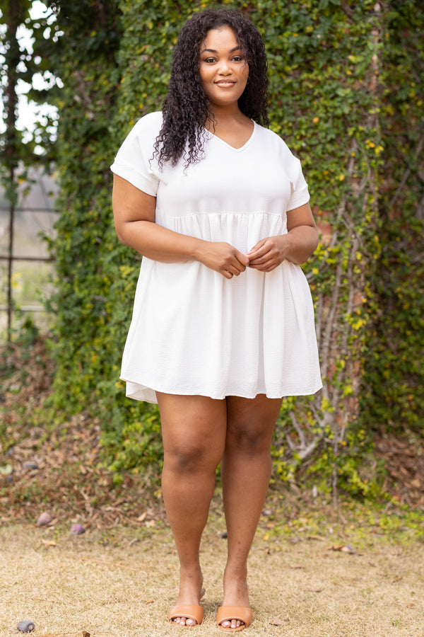 Chic Soul plus size clothing, off white v neck short sleeve babydoll dress