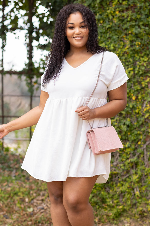 Chic Soul plus size clothing, off white v neck short sleeve babydoll dress